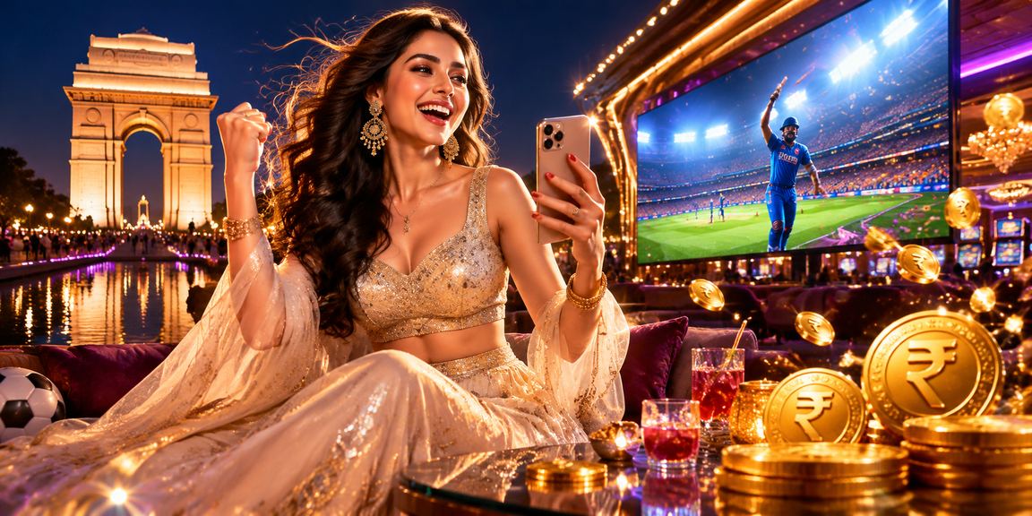 Delhi India Gate cityscape with sports betting app interface